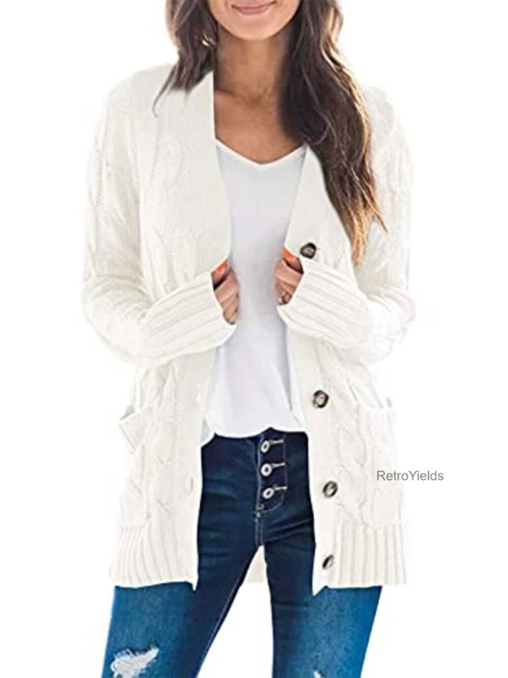 Long Sleeve Button Down Open Front Cable Knit Cardigan Sweater